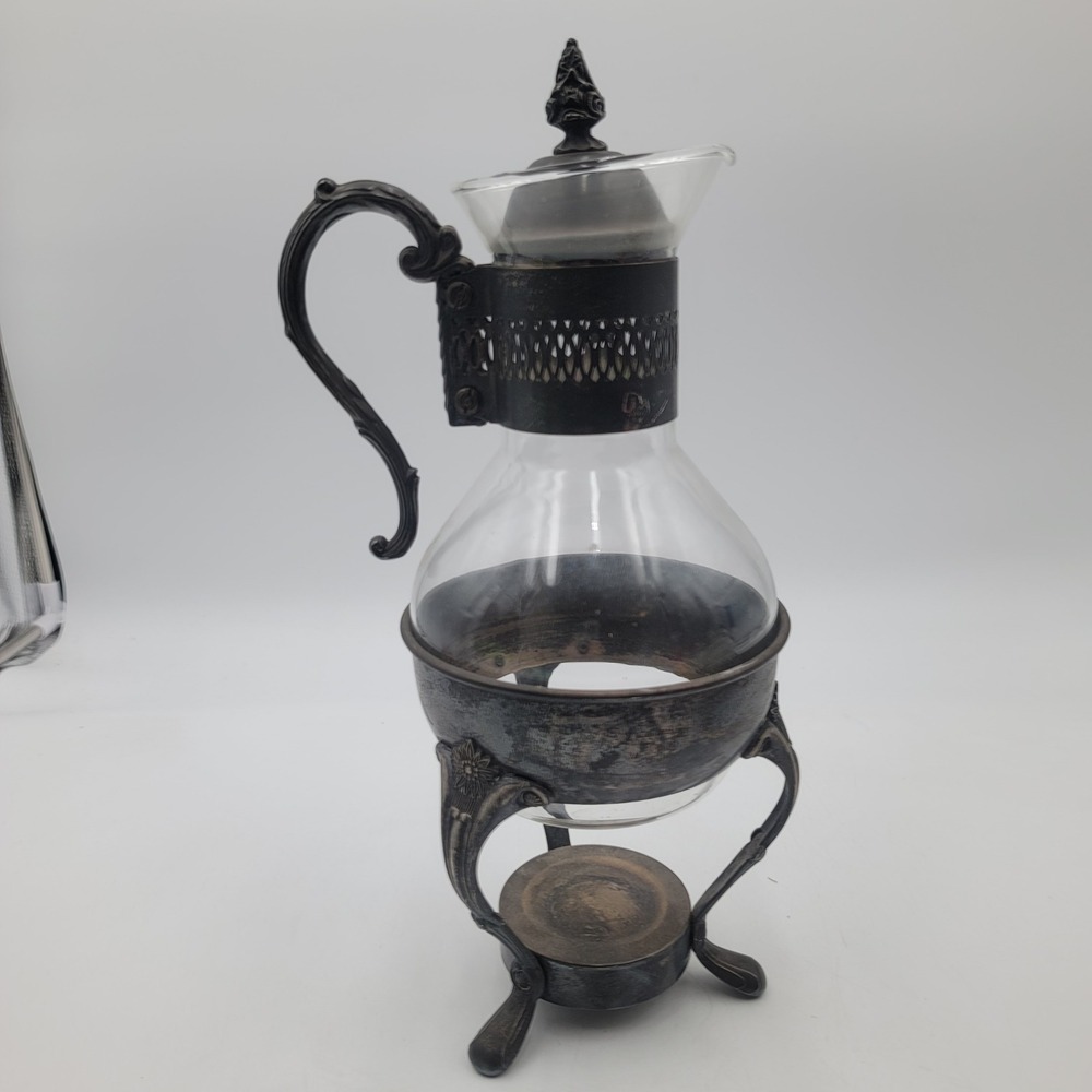 Vintage Leonard Glass Coffee Carafe Decanter Ornate Silver Warming Stand
